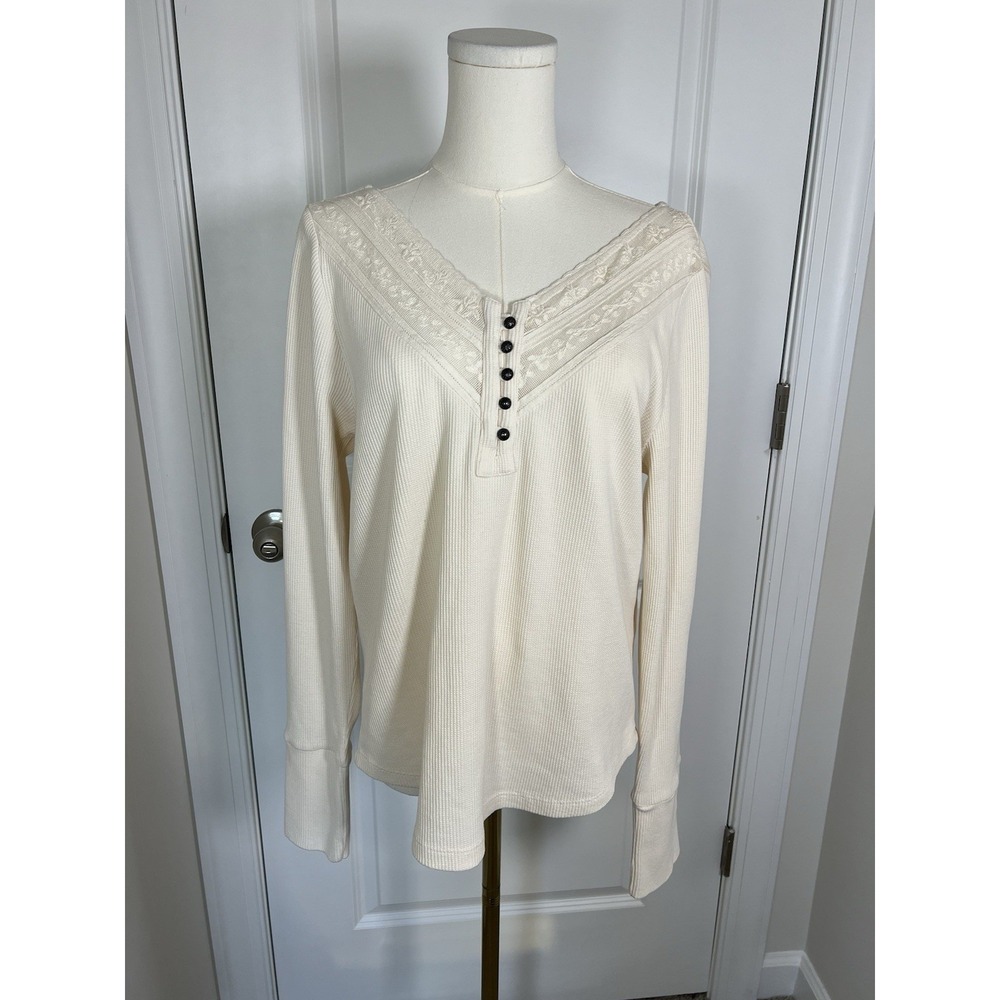 Women's Lucky Brand Lace Trimmed Henley Thermal Ivory Long Sleeve Top‎ Large